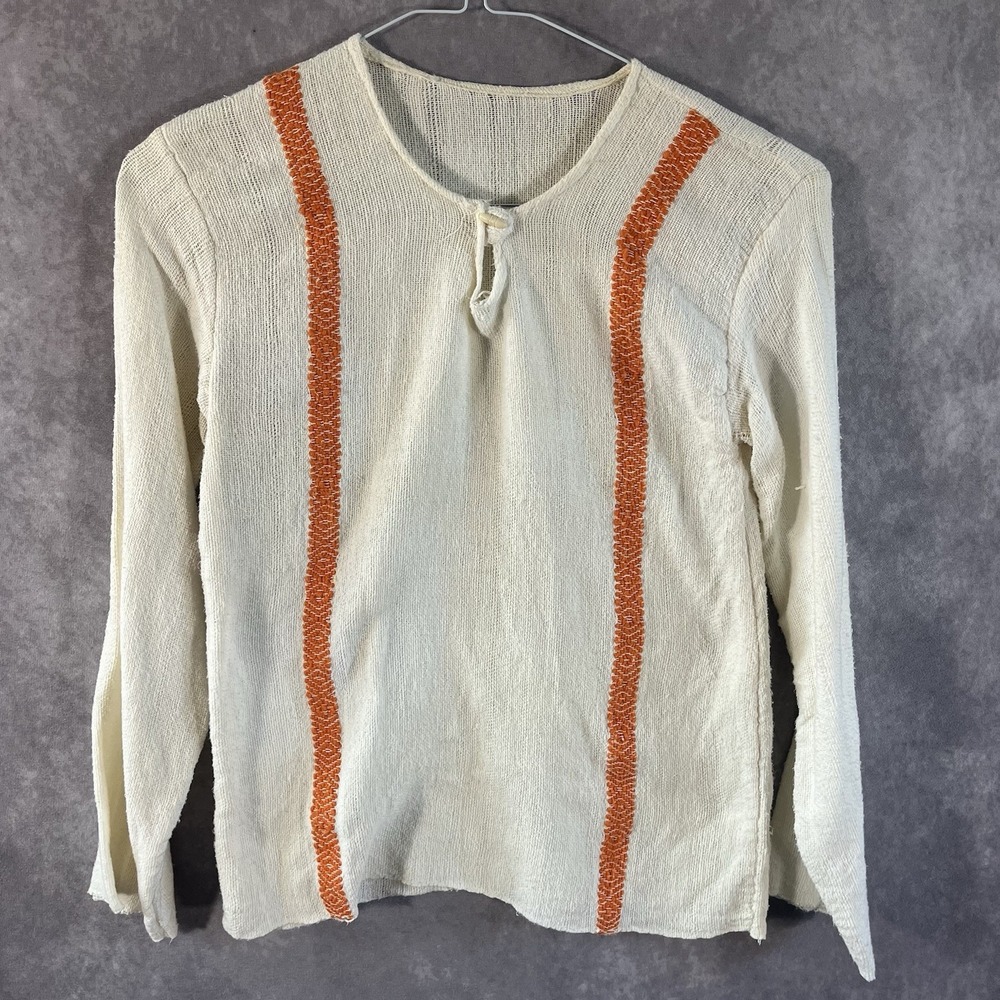 Vintage 60s Hand Woven Tunic Top Womens Small White Orange Embroidered Boho